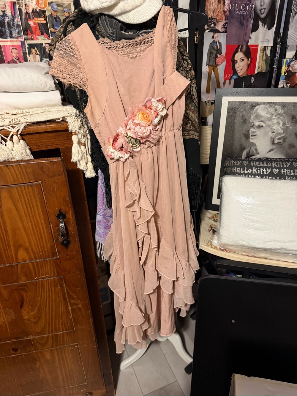 Joyfolie Dusty Rose Ruffle Maxi Dress with Floral Sash